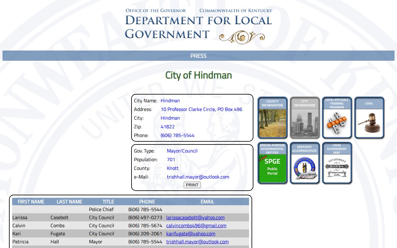 Official Hindman city and police record listing for Knott County