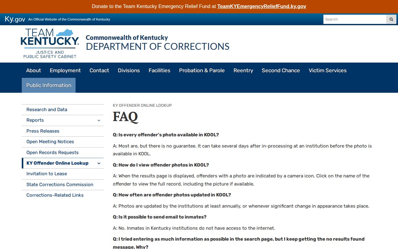 Knott County booking record research using the official Kentucky DOC KOOL photo FAQ