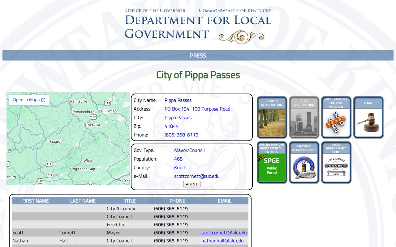 Official Pippa Passes police and city record listing in Knott County